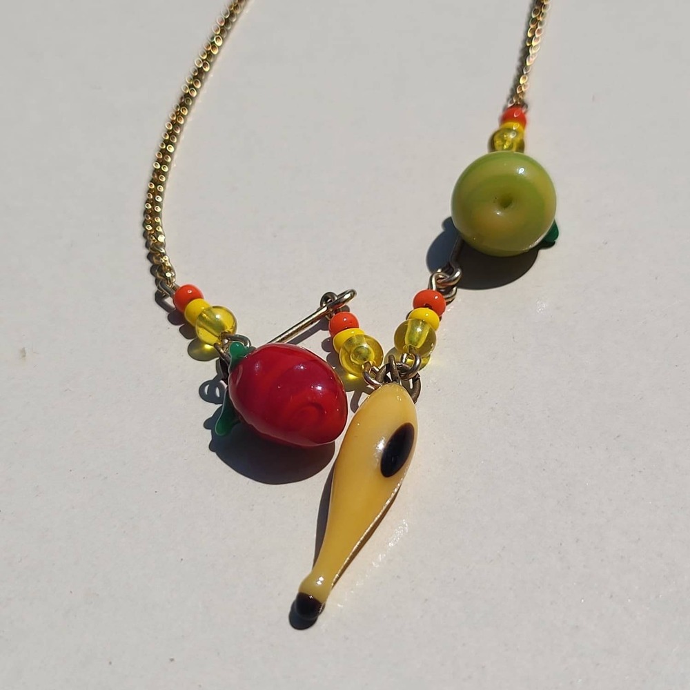 Vintage Glass Bead Fruit Necklace Gold Tone Banana Apple Charms